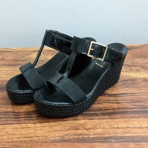Browns Shoes Basket Weave Platform Strappy Sandal, Black, 8